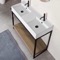 Console Sink Vanity With Double Ceramic Sink and Natural Brown Oak Shelf